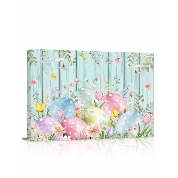 Easter Eggs Canvas Print Wall Art Spring Colorful Eggs Floral Leaf Green Wood Grain Pictures Painting Morden Artwork for Living Room Bedroom, Ready to Hang - 12"x16"