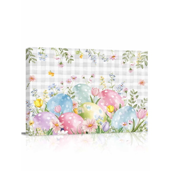 Easter Eggs Canvas Print Wall Art Spring Colorful Eggs Floral Leaf Light Grey Plaid Pictures Painting Morden Artwork for Living Room Bedroom, Ready to Hang - 12"x16"