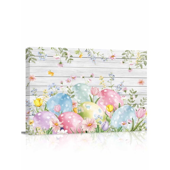 Easter Eggs Canvas Print Wall Art Spring Colorful Eggs Floral Leaf White Wood Grain Pictures Painting Morden Artwork for Living Room Bedroom, Ready to Hang - 12"x16"