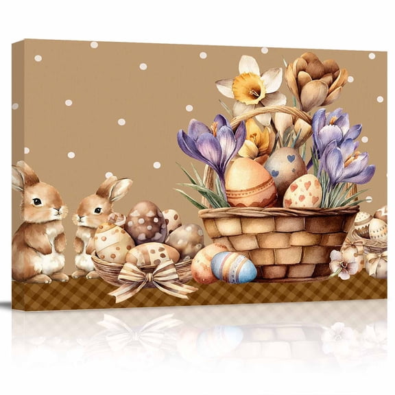 Easter Eggs Canvas Print Wall Art Spring Rabbits Basket Eggs Floral Coffee Brown Plaid Dots Pictures Painting Morden Artwork for Living Room Bedroom, Ready to Hang - 12"x16"