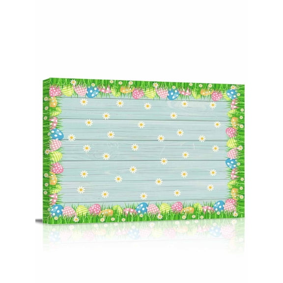 Easter Eggs Canvas Print Wall Art Spring White Daisy Floral Colorful Easter Eggs Grass Blue Wood Grain Pictures Painting Morden Artwork for Living Room Bedroom, Ready to Hang - 12"x16"