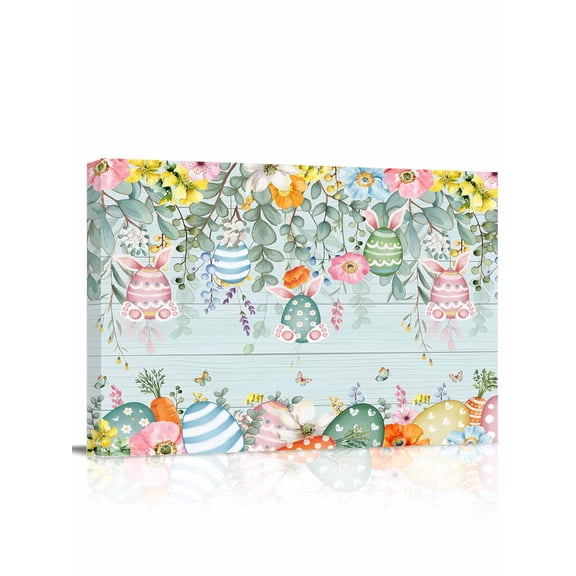 Easter Eggs Canvas Print Wall Art Spring Yellow Pink Floral Leaves Light Green Wood Grain Pictures Painting Morden Artwork for Living Room Bedroom, Ready to Hang - 12"x16"