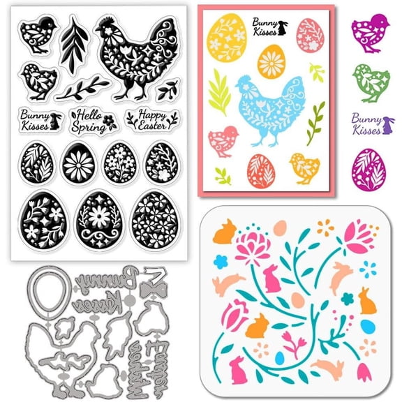 Easter Eggs Clear Stamps Cutting Dies PET Painting Stencils for Card Making Easter Chicken Rabbit Pattern Silicone Stamp Metal Greetings Die Cuts PET Paint Stencils for DIY Scrapbooking