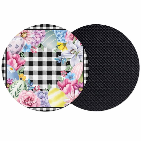 Easter Eggs Coasters Set of 2, Absorbent Coasters for Drinks, Spring Floral Berry Leaves Botanical Black Plaid Coaster for Desk Coffee Table Protection, Home Decor House Warming Gifts 4"
