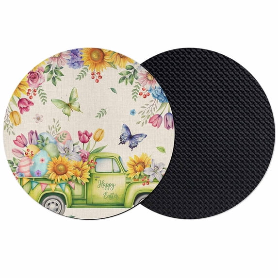 Easter Eggs Coasters Set of 2, Absorbent Coasters for Drinks, Spring Flowers Truck Leaves Butterflies Beige Coaster for Desk Coffee Table Protection, Home Decor House Warming Gifts 4"