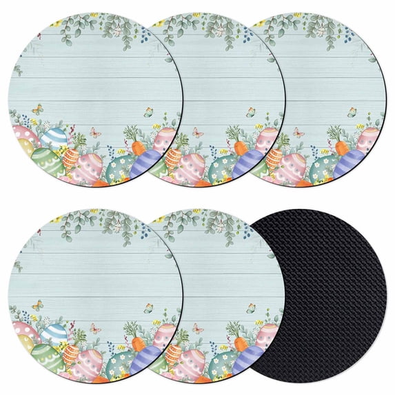 Easter Eggs Coasters Set of 6, Absorbent Coasters for Drinks, Spring Botanical Flowers Eucalyptus Leaf Wood Coaster for Desk Coffee Table Protection, Home Decor House Warming Gifts 4"