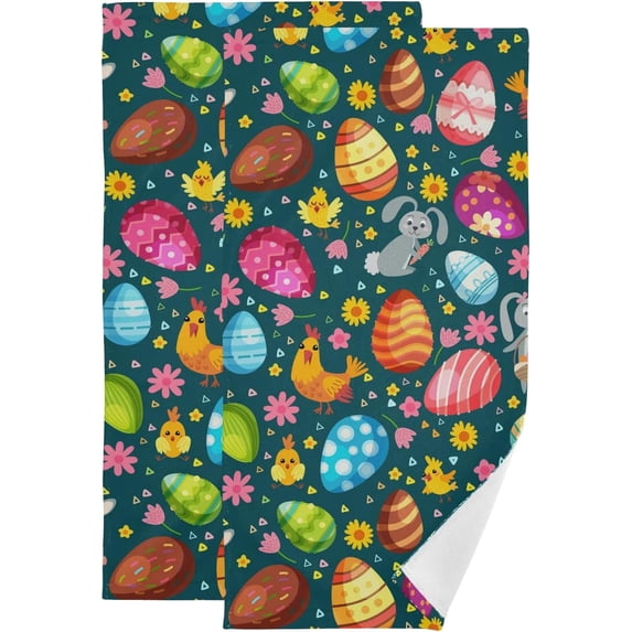 Easter Eggs Colorful Hand Towels 2 PCS, Grey Rabbit Kitchen Towel Ultra Soft and Highly Absorbent,Decorative Fingertip Face Towel for Bathroom Hotel, 28.3"x14.4"