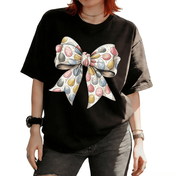 Easter Eggs Coquette Bow Graphic Tee T Shirt Tops Soft Breathable Regular Fit Short Sleeve Round Neck Black S-5XL