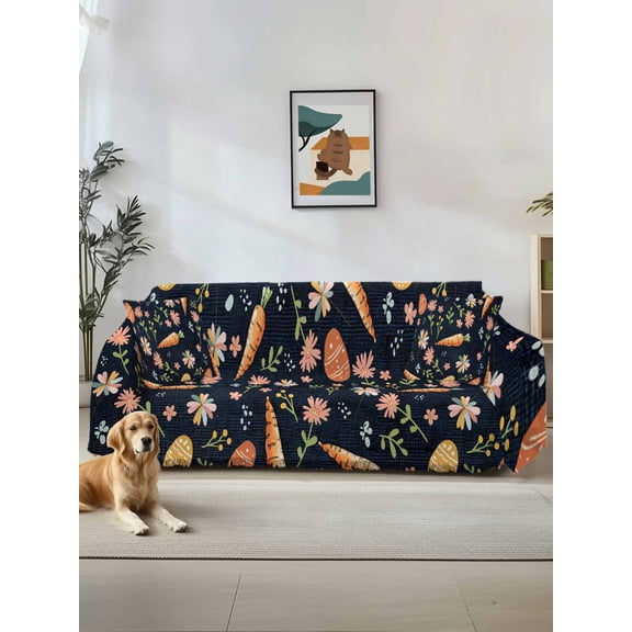 Easter Eggs Couch Cover for Dogs, Carrots Spring Daisy Botanical Rustic Dark Blue Washable Sofa Covers Slipcover for Pets Dogs Futon Cover, Couch Recliner Covers, Oversized Chair Slipcover 71"x91"