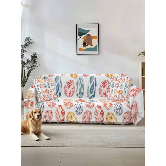 Easter Eggs Couch Cover for Dogs, Watercolor Spring Flowers Leaves Patterned Washable Sofa Covers Slipcover for Pets Dogs Futon Cover, Couch Recliner Covers, Oversized Chair Slipcover 71"x91"