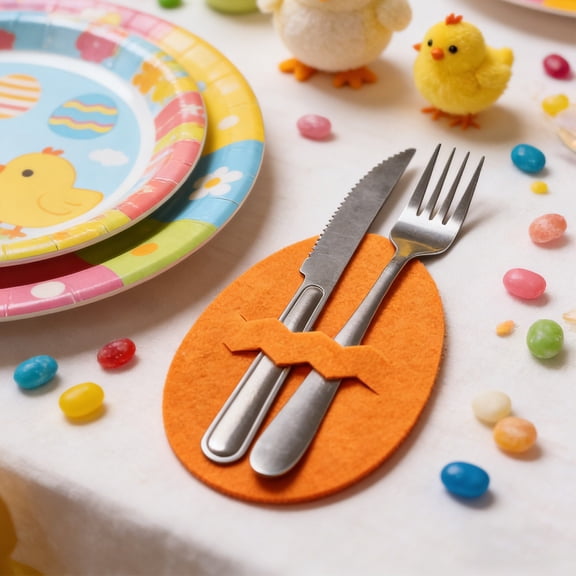 Easter Eggs Cutlery Pocket | Silverware Holder Pouch for Holiday Table Setting | Bunny Design Fabric Utensil Storage Bag | 1 Pack