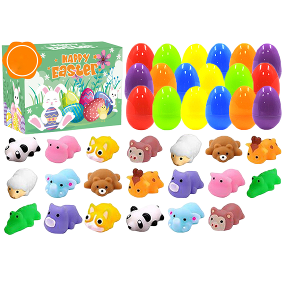 Easter Eggs Decoration, Easter Egg Toy Set with 24 Colorful Plastic Eggs and 24 Animal Squishies, Perfect for Easter Egg Hunts and Party Favors
