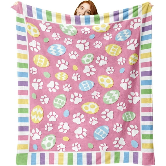 Easter Eggs Dog Cat Paw Prints Flannel Blanket, Pink Throw Blanket Gifts for Kids Men Women Pet Lovers, Spring Soft Blanket for Bedding Sofa 50 x 60 Inch