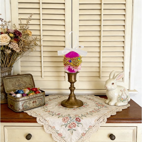 Easter Eggs​ Elegant Colorful Diamonded Hanging Egg, Gold Trim Fringe Details, White Ribbon Loop Display, Holiday Tree Door Accent