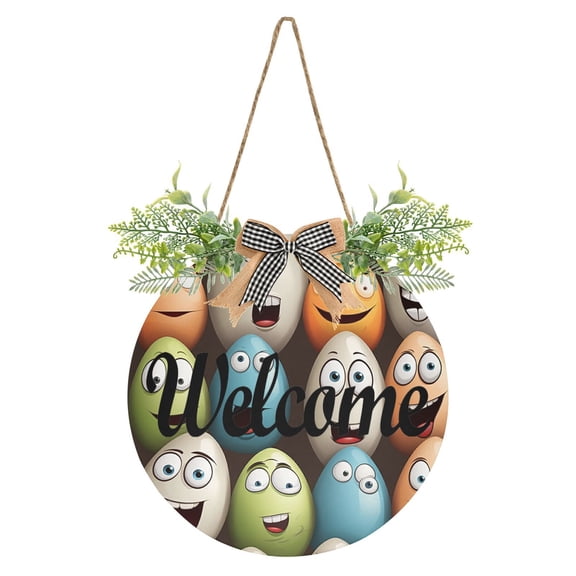 Easter Eggs Face Welcome Sign for Front Door Wreath Door Sign for Farmhouse Porch Decoration Indoor Outdoor