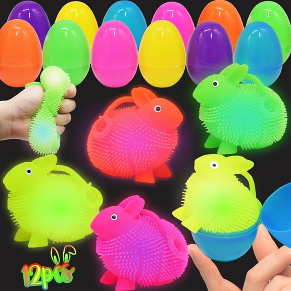 Easter Eggs Fillers Bunny Puffer Balls, Glow in Dark Stress Relief Fidget Toys, Easter Basket Stuffers Easter Egg Hunt (Stretchy Puffer Balls & Squeeze Toys)
