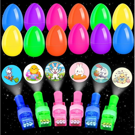 12Pcs Prefilled Easter Eggs With Finger Lights Toys For Kids And Teens, Glow In The Dark Party Favors For Easter Basket, Classroom Treasure Box Or Egg Hunt
