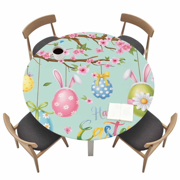 Easter Eggs Fitted Tablecloth with Elastic Edged, Round Table Cloth for Dining Table, Spring Watercolor Bunny Flower Green Waterproof Oil Proof Table Cover for Indoor Outdoor 36"-44"