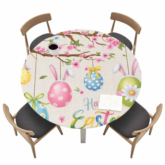 Easter Eggs Fitted Tablecloth with Elastic Edged, Round Table Cloth for Dining Table, Spring Watercolor Bunny Flower on Linen Waterproof Oil Proof Table Cover for Indoor Outdoor 36"-44"