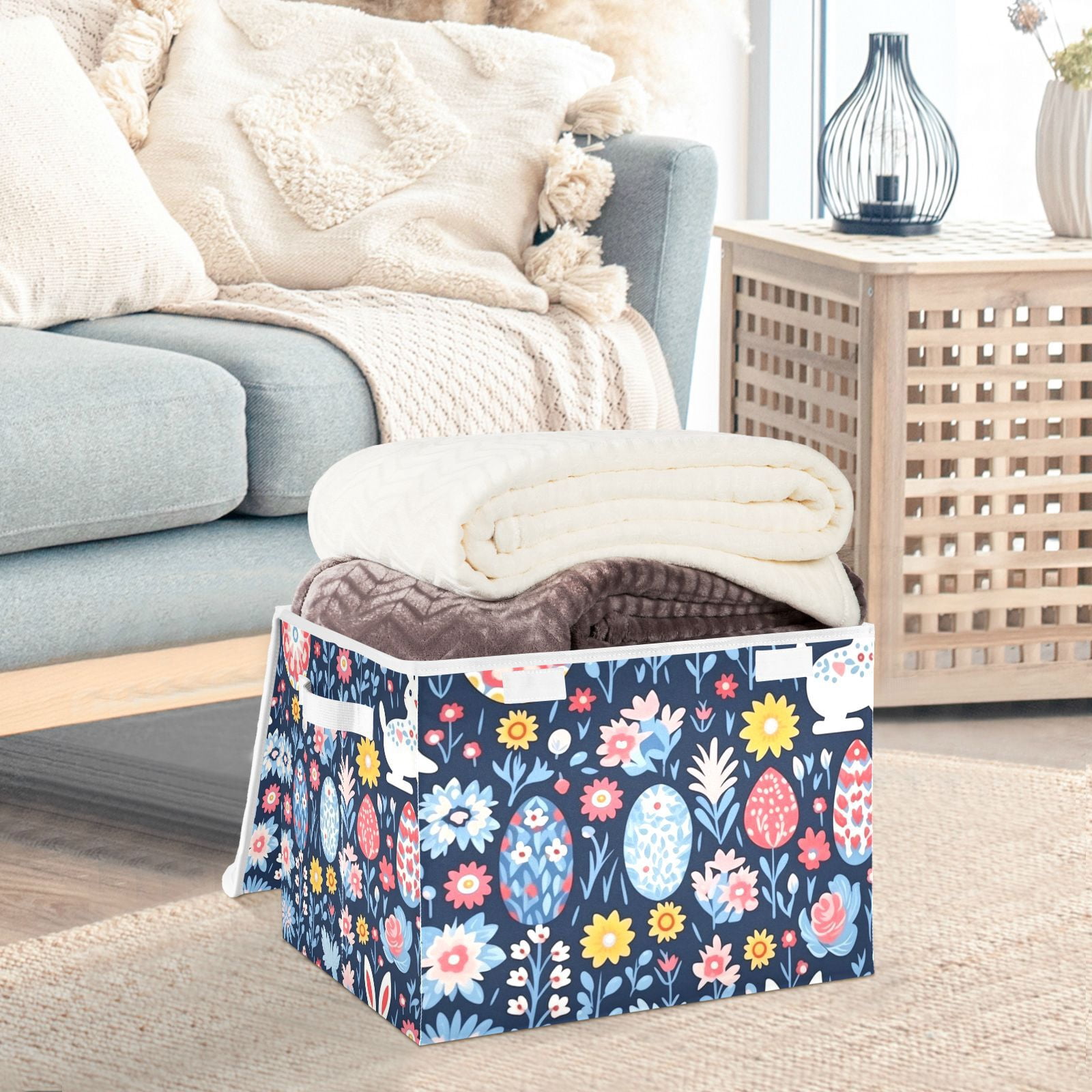 Easter Eggs Flowers Leaves Storage Basket Foldable Laundry Basket Shelf Kids Toy Storage Container Organizer with Handles