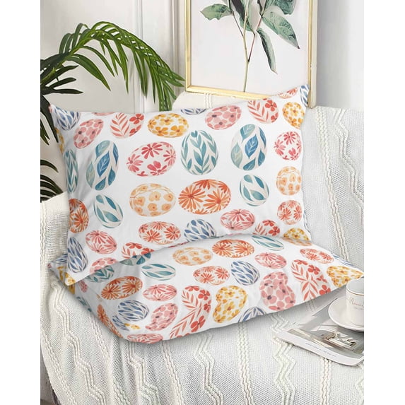 Easter Eggs King Pillow Cases Set of 2 - Microfiber Bed Throw Pillow Covers, Watercolor Spring Flowers Leaves Patterned Decorative Lumbar Pillow Cover with Envelope Closure for Sofa/Travel 20"x36"