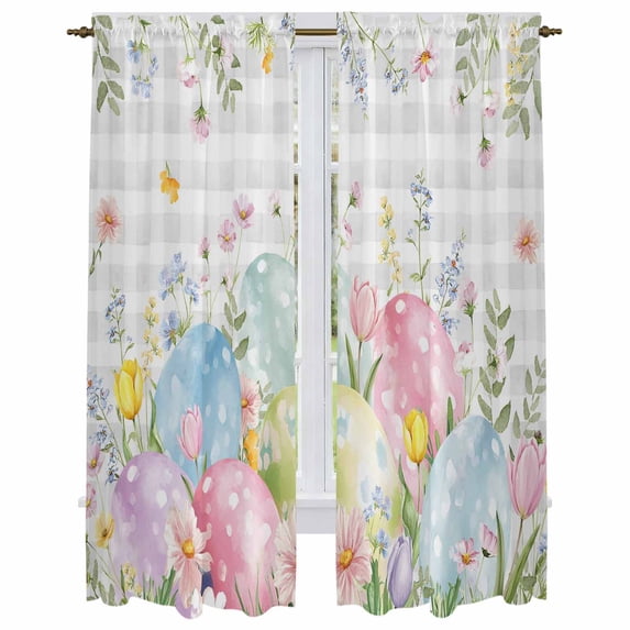 Easter Eggs Kitchen Curtain for Berdoom Living Room Cafe 72 Inch Length, Spring Daisy Eucalyptus Leaves Gray Plaid Tiers Curtains Light Filtering Drapes Rod Pocket Window Treatment 2 Panels 52"Wx72"L