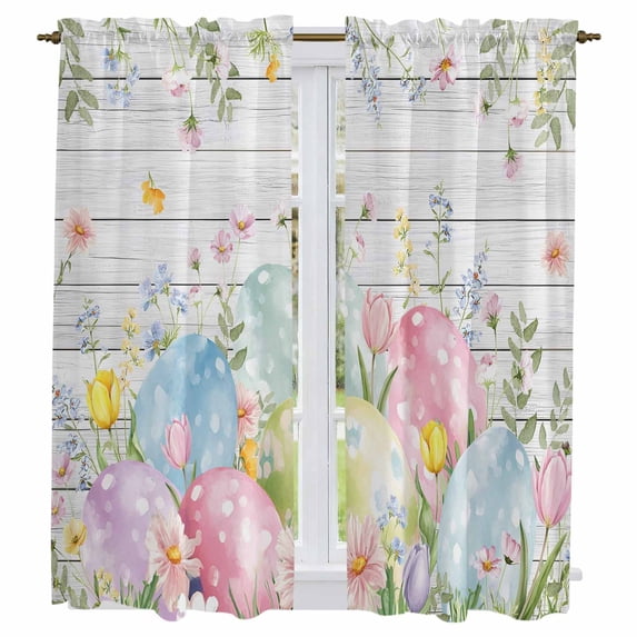 Easter Eggs Kitchen Curtains 63 Inch Length, Spring Daisy Eucalyptus Leaves Gray Wooden Tiers Curtains for Living Room Berdoom Bathroom, Light Filtering Drapes Window Treatment 2 Panels 42"Wx63"L