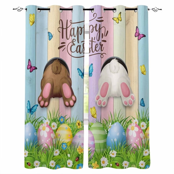 Easter Eggs Kitchen Curtains Spring Watercolor Bunny Farmhouse Wooden Grain Cafe Short Curtains for Bathroom Blackout Window Curtain Small Window Treatment Drapes for Bedroom Living Room 42"x45"x2
