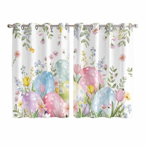 Easter Eggs Kitchen Curtains Window Panels, Country Wildflower Spring Watercolor Botanical Insulated Window Treatment Curtain, Grommet Curtains for Bedroom/Living Room/Bathroom, 2 Piece 52"Wx63"L