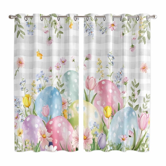 Easter Eggs Kitchen Curtains Window Panels, Spring Daisy Eucalyptus Leaves Gray Plaid Insulated Window Treatment Curtain, Grommet Curtains for Bedroom/Living Room/Bathroom, 2 Piece 52"Wx84"L