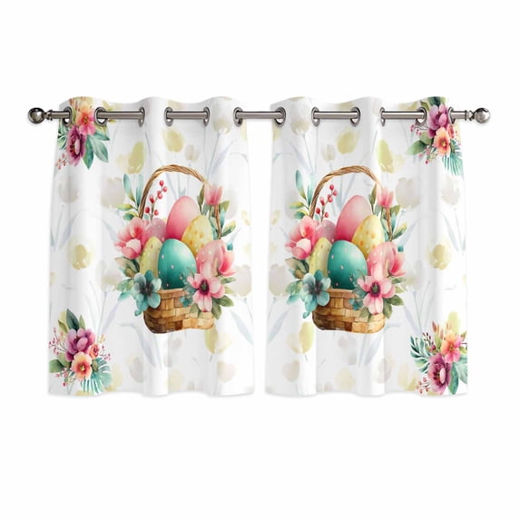 Easter Eggs Kitchen Curtains Window Panels, Yellow Floral Basket Leaves Rustic Botanical Insulated Window Treatment Curtain, Grommet Curtains for Bedroom/Living Room/Bathroom, 2 Piece 52"Wx45"L