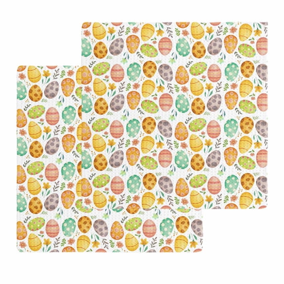 Easter Eggs Kitchen Dish Towels for Drying Dishes Set of 2, Colorful Eggs Spring Flowers Leaves Retro Pastoral Waffle Weave Microfiber Hand Tea Bathroom Towels Quick Dry & Absorbent Towel 12x12