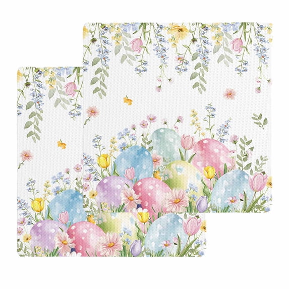 Easter Eggs Kitchen Dish Towels for Drying Dishes Set of 2, Country Wildflower Spring Watercolor Botanical Waffle Weave Microfiber Hand Tea Bathroom Towels Quick Dry & Absorbent Towel 12x12