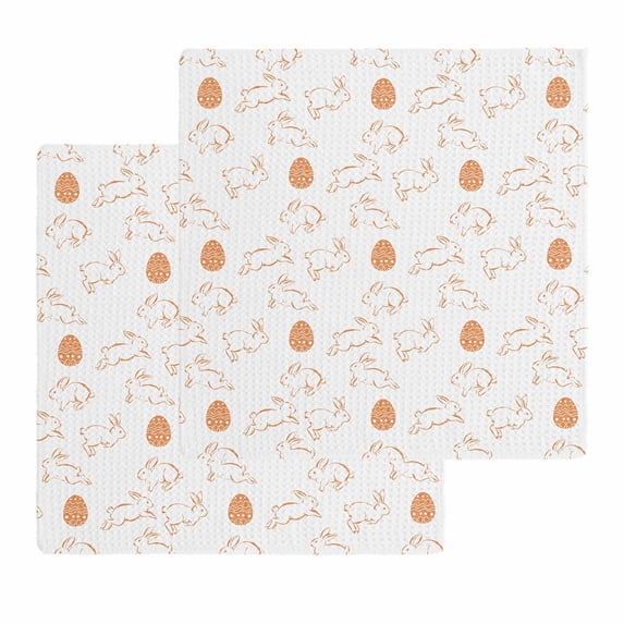 Easter Eggs Kitchen Dish Towels for Drying Dishes Set of 2, Cute Bunny Rabbits Cartoon Orange Waffle Weave Microfiber Hand Tea Bathroom Towels Quick Dry & Absorbent Towel 12x12