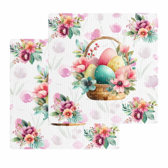 Easter Eggs Kitchen Dish Towels for Drying Dishes Set of 2, Pink Flowers Basket Leaves Rustic Botanical Waffle Weave Microfiber Hand Tea Bathroom Towels Quick Dry & Absorbent Towel 12x12