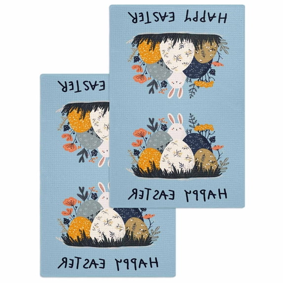 Easter Eggs Kitchen Dish Towels for Drying Dishes Set of 2, Rabbit Spring Botanical Wildflowers Bunny Blue Waffle Weave Microfiber Hand Tea Bathroom Towels Quick Dry & Absorbent Towel 15.7x23.6