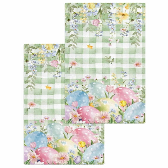 Easter Eggs Kitchen Dish Towels for Drying Dishes Set of 2, Spring Daisy Eucalyptus Leaves Sage Green Plaid Waffle Weave Microfiber Hand Tea Bathroom Towels Quick Dry & Absorbent Towel 15.7x23.6