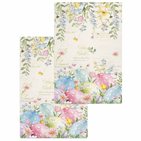Easter Eggs Kitchen Dish Towels for Drying Dishes Set of 2, Spring Daisy Eucalyptus Leaves Vintage Waffle Weave Microfiber Hand Tea Bathroom Towels Quick Dry & Absorbent Towel 15.7x23.6