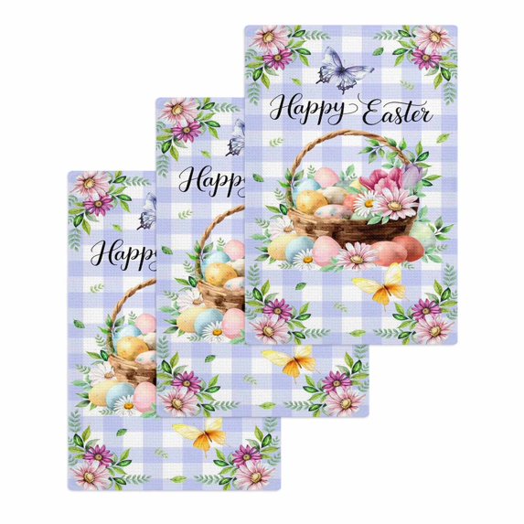 Easter Eggs Kitchen Dish Towels for Drying Dishes Set of 3, Watercolor Flowers Plants Eggs Butterfly Blue Plaid Waffle Weave Microfiber Hand Tea Bathroom Towels Quick Dry & Absorbent Towel 15.7x23.6