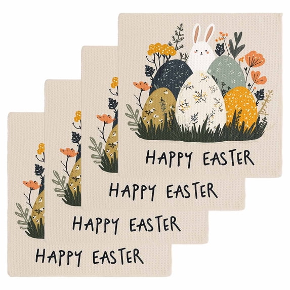 Easter Eggs Kitchen Dish Towels for Drying Dishes Set of 4, Rabbit Spring Botanical Wildflowers Bunny Beige Waffle Weave Microfiber Hand Tea Bathroom Towels Quick Dry & Absorbent Towel 12x12
