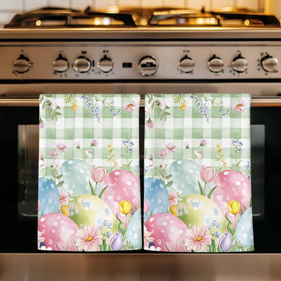 Easter Eggs Kitchen Towels Set of 1, Spring Daisy Eucalyptus Leaves Sage Green Plaid Absorbent Dish Towels for Kitchen, Microfiber Hand Towel, Quick Drying Tea Towel for Cleaning Dishcloths