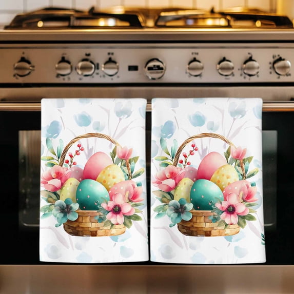 Easter Eggs Kitchen Towels Set of 3, Blue Floral Basket Leaves Rustic Botanical Absorbent Dish Towels for Kitchen, Microfiber Hand Towel, Quick Drying Tea Towel for Cleaning Decorative Dishcloths