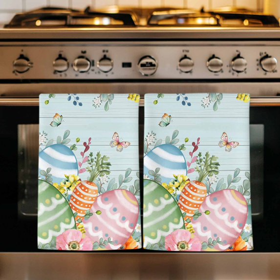 Easter Eggs Kitchen Towels Set of 4, Spring Botanical Flowers Eucalyptus Leaf Wood Absorbent Dish Towels for Kitchen, Microfiber Hand Towel, Quick Drying Tea Towel for Cleaning Decorative Dishcloths