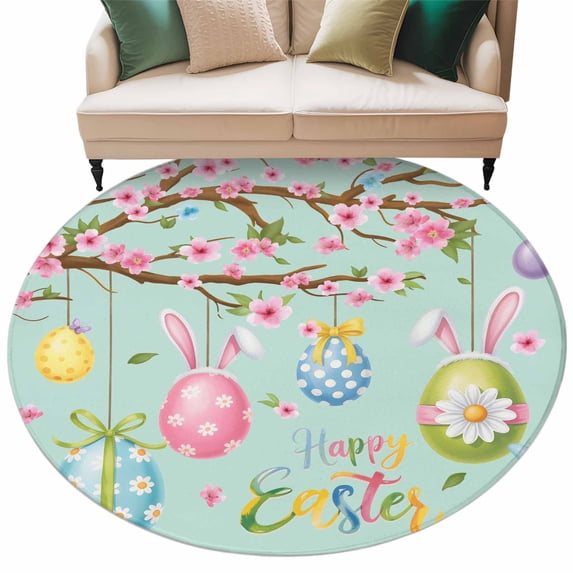 Easter Eggs Large Area Rugs for Bedroom Living Room, Soft Non Slip Carpet Bedside Rug, Spring Watercolor Bunny Flower Green Round Floor Cover Kitchen Accent Rug 5' for Dining Room/Office