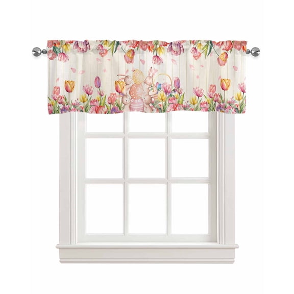 Easter Eggs Linen Curtain Valance for Bedroom/Bathroom/Kitchen/Office/Living/Dining Room Windows,Easter Bunny Spring Tulip Flower Watercolor Pocket Topper Drapes Decorative Cafe Drapery Panel 42x12