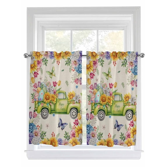 Easter Eggs Living Room Curtains 2 Panel, Spring Flowers Truck Leaves Butterflies Beige Cafe Window Treatment, Farmhouse Bedroom Bathroom Kitchen Curtains Drapes 104"x45"