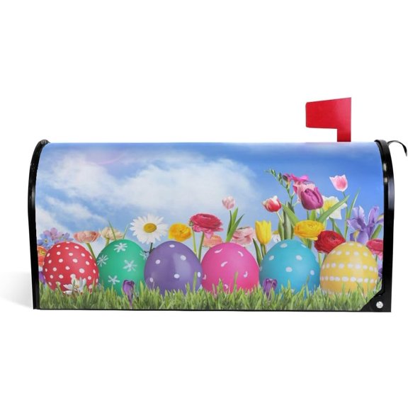 Easter Eggs Mailbox Cover Spring Flowers Magnetic Mailbox Wrap Post Letter Box Cover Home Decorative for Standard Mailboxes