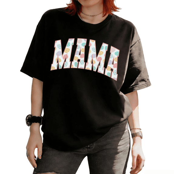 Easter Eggs Mama Varsity Graphic Tees T Shirt Tops Comfortable and well-fitting Short Sleeve Round Neck Black S-5XL