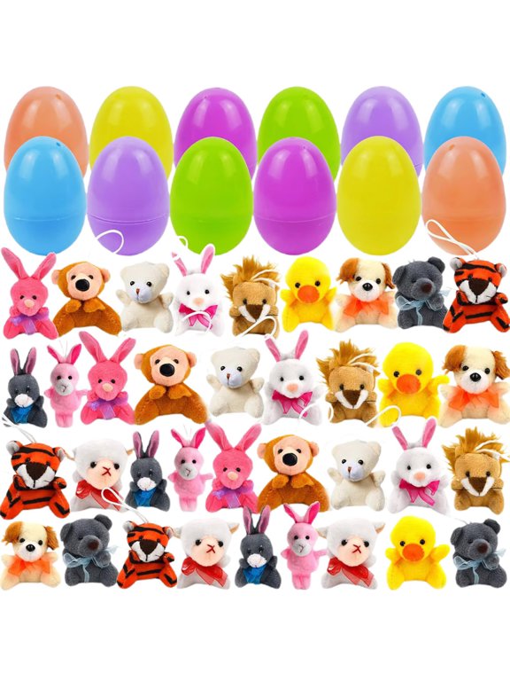 Easter Eggs with Mini Animal Plush Toys, 12/24/36 Pcs Filled Surprise Egg with Cute Keychain Set for Easter Basket Stuffers Hunt, Party Favors Supplies, 36-Pack
