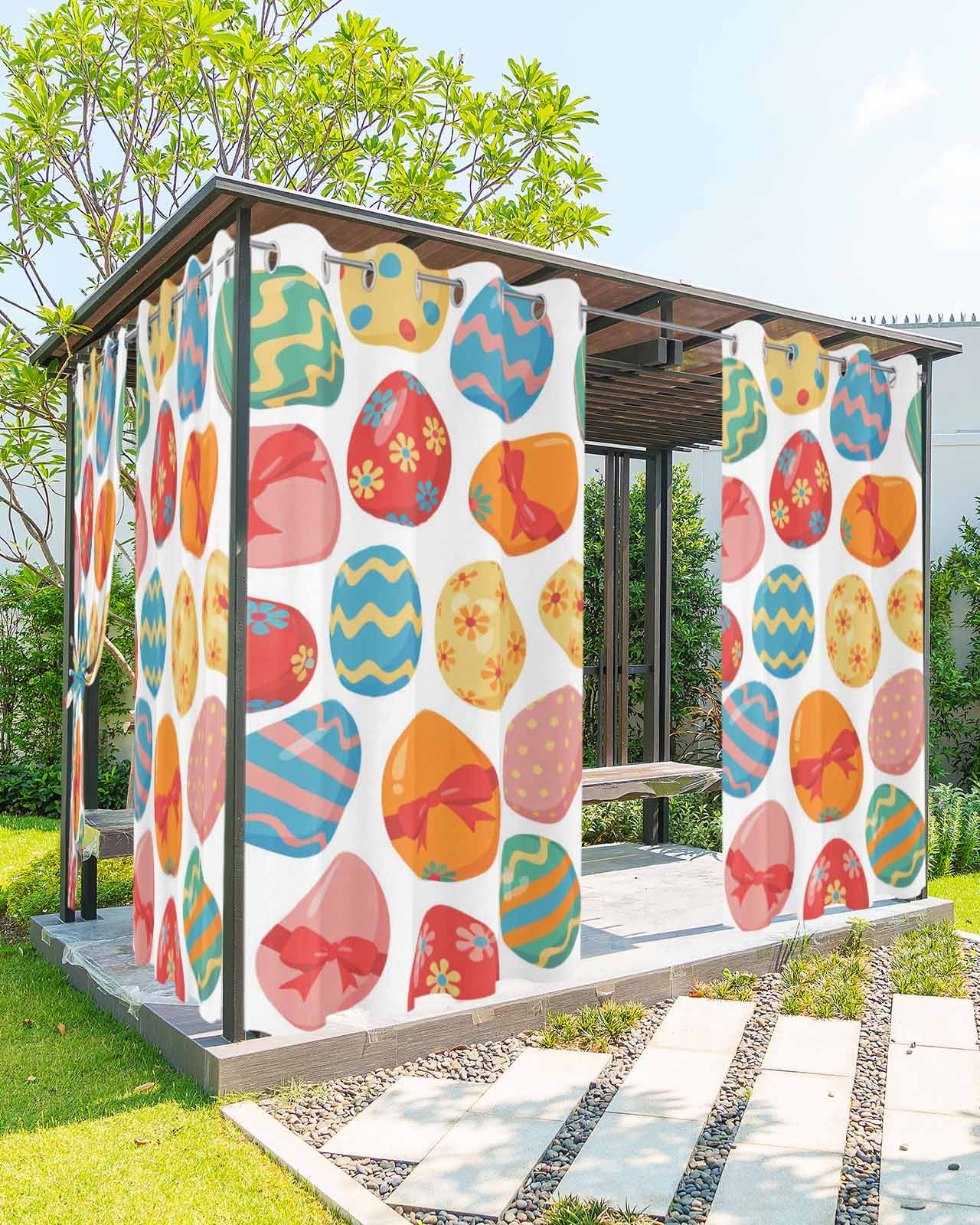 Easter Eggs Outdoor Curtains for Patio, Spring Colorful Striped Dots Bow Egg Watercolor Privacy Drapes Grommet Waterproof Outside Curtains for Porch/Cabana/Balcony 54"x 108", 1 Panel